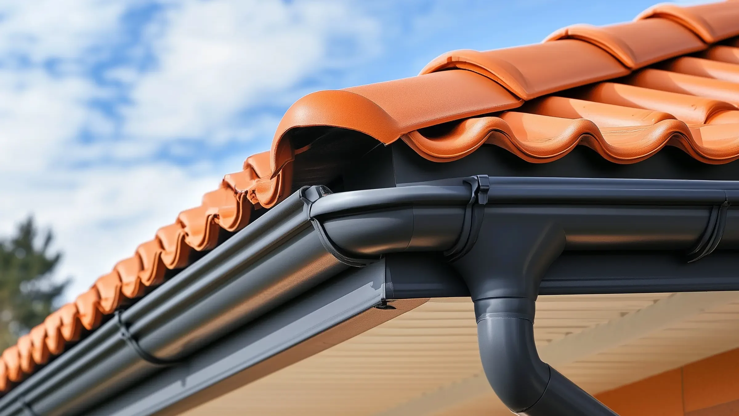 Gros plan d'une gouttière et d'un chéneau en PVC