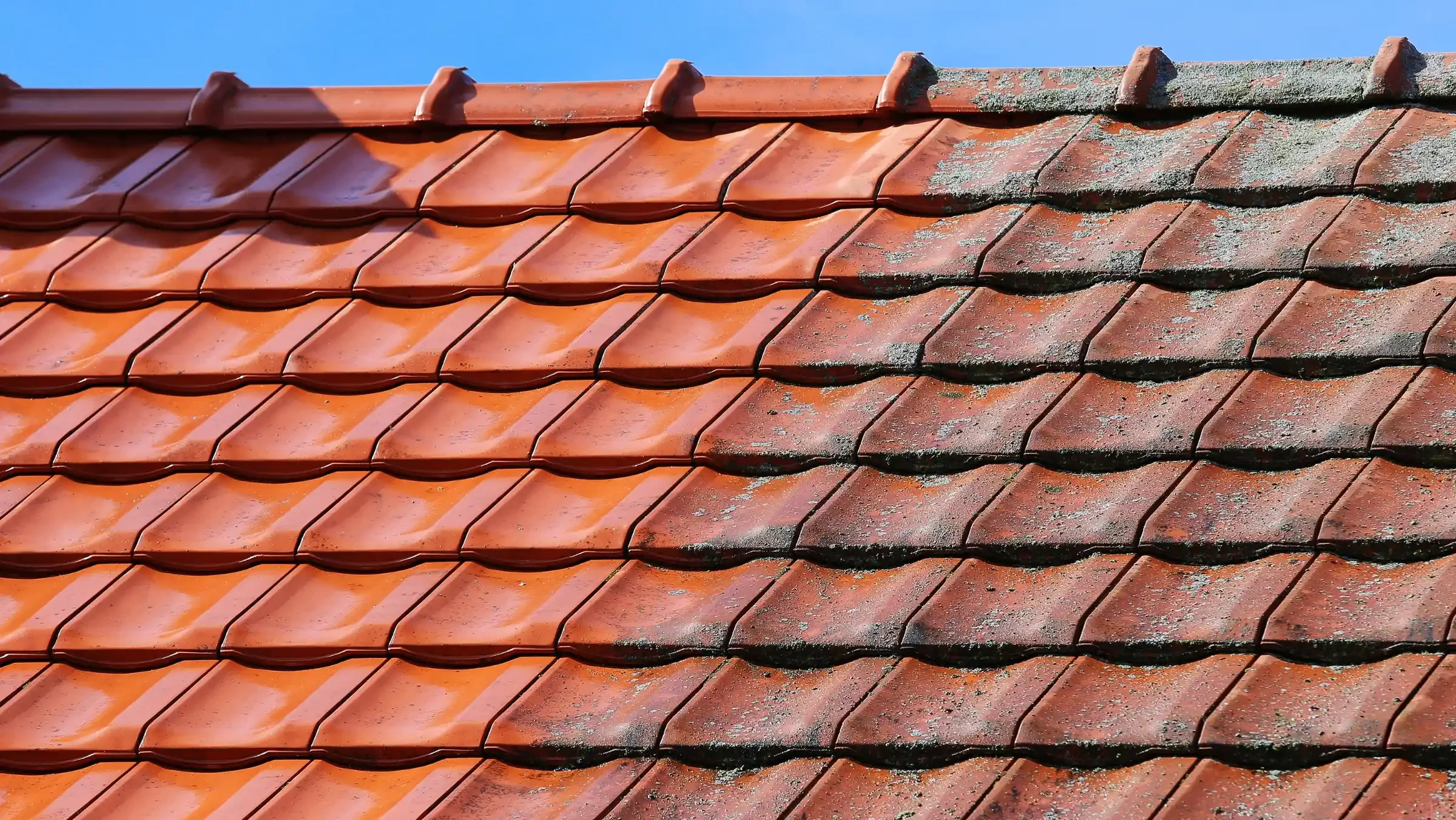 Nettoyage d'une toiture, à gauche les tuiles sont propres, à droite elles sont recouvertes de mousse